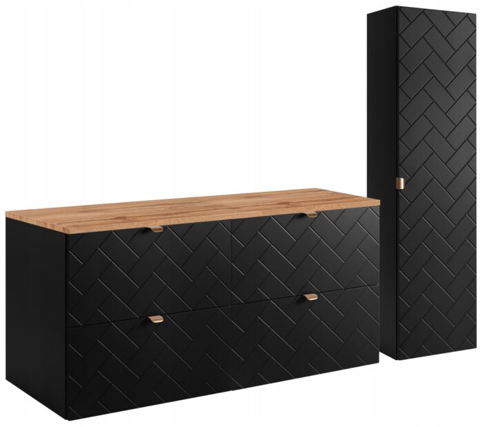 Zestaw mebli łazienkowych MADIS czarna szafka pod umywalkę blat dąb 120 cm słupek 35/136 cm