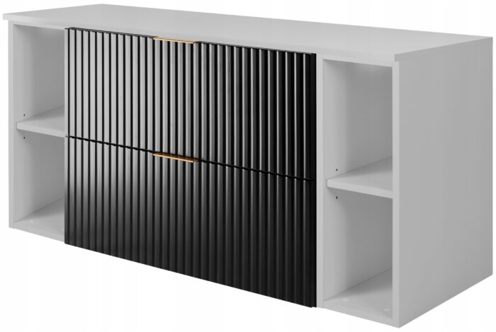 Zestaw łazienkowy FLOW 120 cm biały szafka z blatem szuflady regały czarne ryflowane fronty