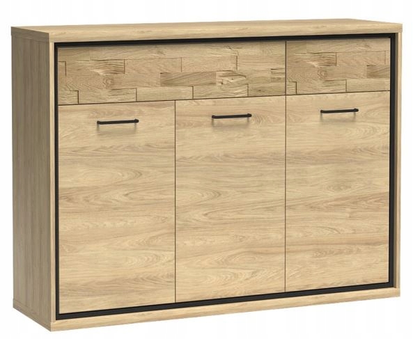Komoda MILAN 135 cm dąb wysoka pojemna szuflady drzwi ozdobny panel
