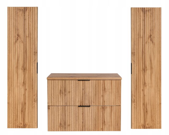 ADEL zestaw mebli łazienkowych dąb wotan Szafka blat 80 cm + 2 Słupki 140 cm ryflowane fronty