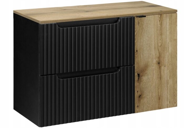 Szafka łazienkowa NOVA czarny 90 cm blat dąb ryflowane fronty wstawka dąb 1 drzwi 2 szuflady