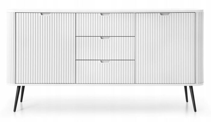 Komoda VELLA 168 cm biała czarne nóżki zaokrąglone boki ryflowane front z drzwiami i szufladami