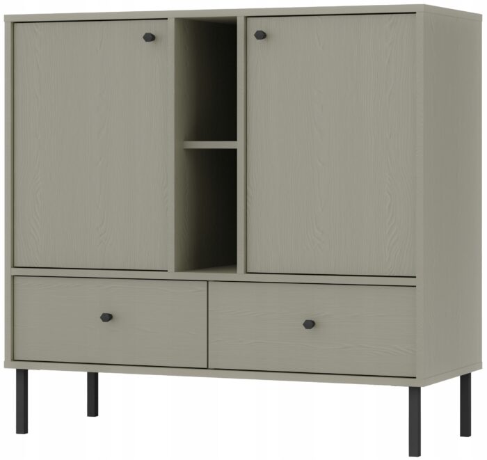 Komoda AVILA 100 cm zielona z drzwiami szufladami i półką czarne metalowe nogi typ prosty