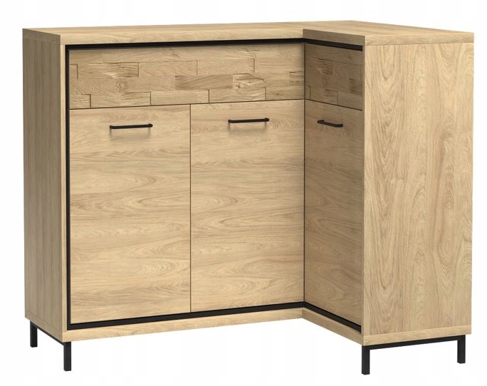 Komoda MILAN 127 cm dąb narożna pojemna szuflady drzwi ozdobny panel metalowe nogi