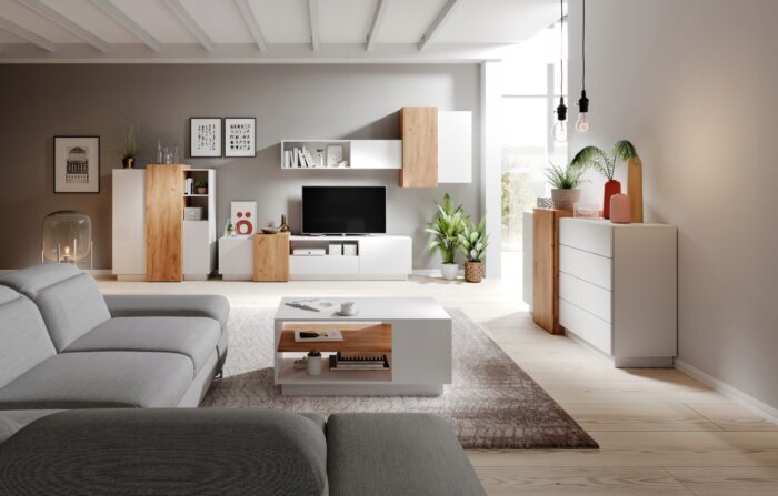 Komoda 3D 160 cm biały mat / dąb craft złoty z drzwiami i szufladami