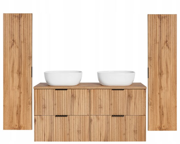 ADEL zestaw mebli łazienkowych dąb wotan Szafka blat umywalka 120 cm + 2 Słupki 140 cm ryflowane fronty