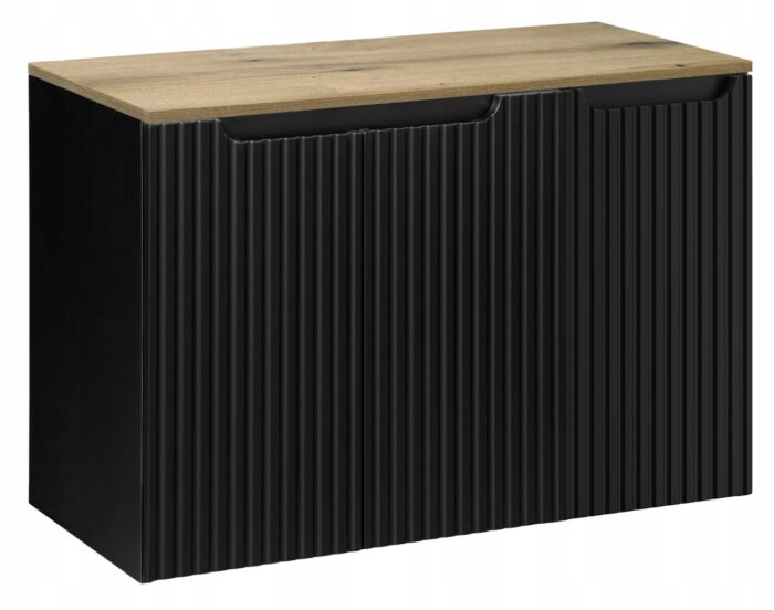 Szafka łazienkowa NOVA czarny 90 cm blat dąb ryflowane fronty 3 drzwi pojemna