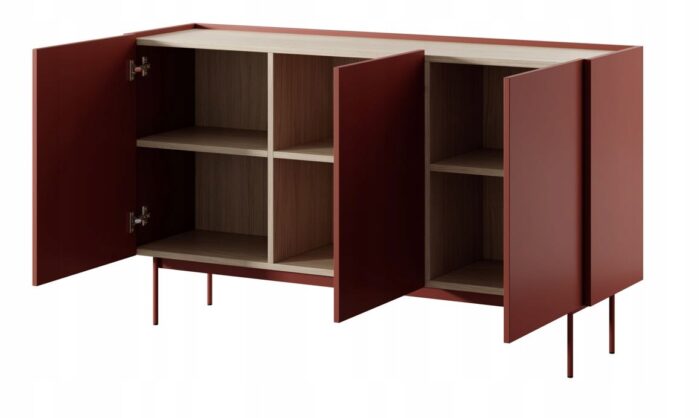 Komoda SIMPLE 144 cm czerwona / dąb linea z drzwiczkami i półkami metalowe nóżki