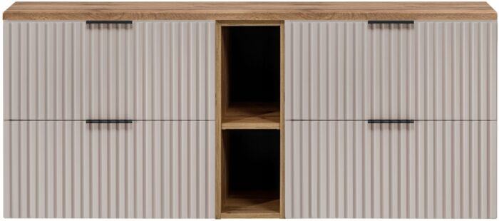 Szafka pod umywalkę FLOW 140 cm kaszmir dąb wisząca blat regał szuflady ryflowane fronty