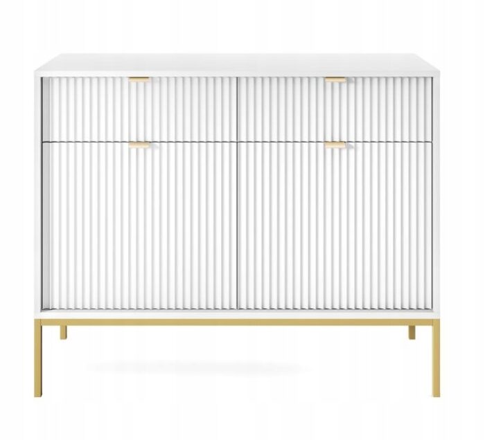Komoda BELLAZA 104 cm biała z szufladami i drzwiami, złote uchwyty i metalowe nogi