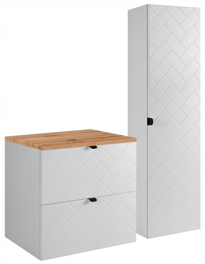 Zestaw mebli łazienkowych MADIS biała szafka pod umywalkę blat dąb 60 cm słupek 35/136 cm
