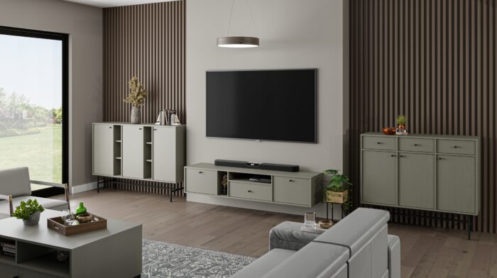 Szafka RTV AVILA 180 cm zielona wisząca z klapami szufladą i półkami