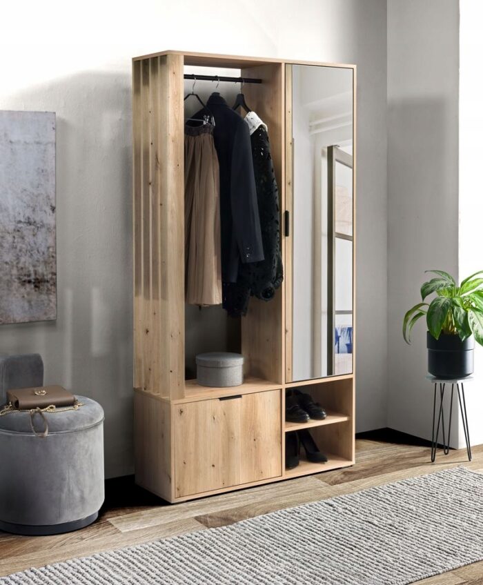 Przedpokój VENNA 100 cm dąb artisan lustro wieszak półki szafka na buty lamele