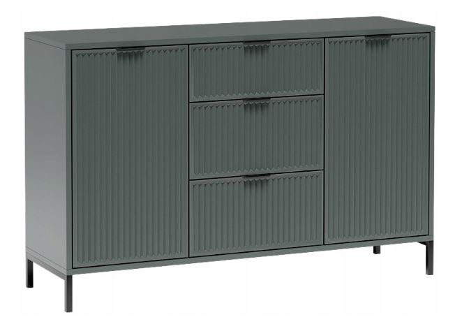 Komoda LINK 135 cm zielona ryflowane fronty szuflady drzwi czarne metalowe nogi