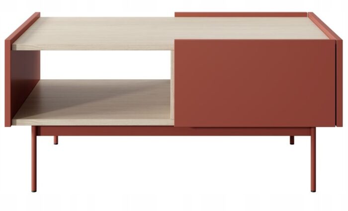 Ława SIMPLE 97 cm czerwony / dąb linea z szufladami i metalowymi nóżkami