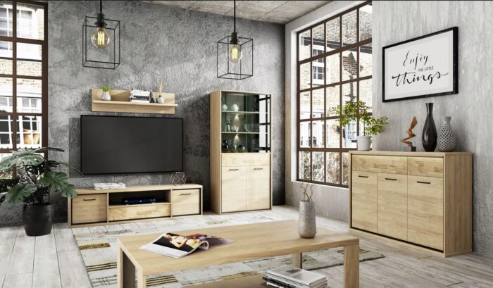 Komoda MILAN 120 cm dąb wysoka pojemna szuflady drzwi ozdobny panel