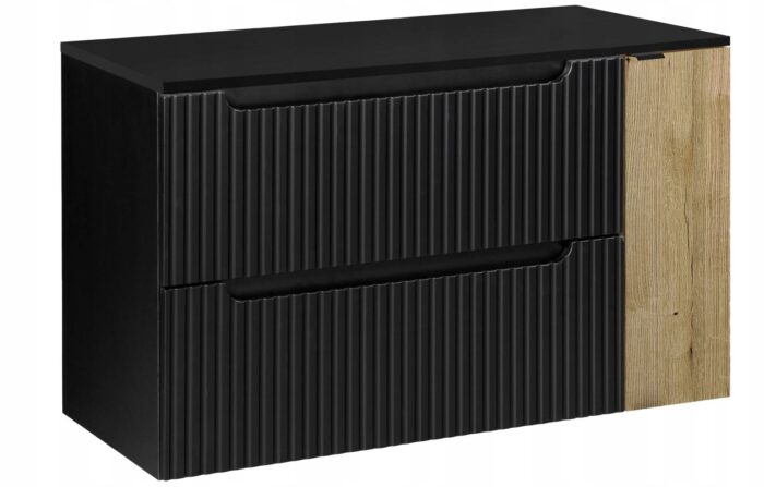 Szafka łazienkowa NOVA czarny 100 cm blat ryflowane fronty wstawka dąb 1 drzwi 2 szuflady