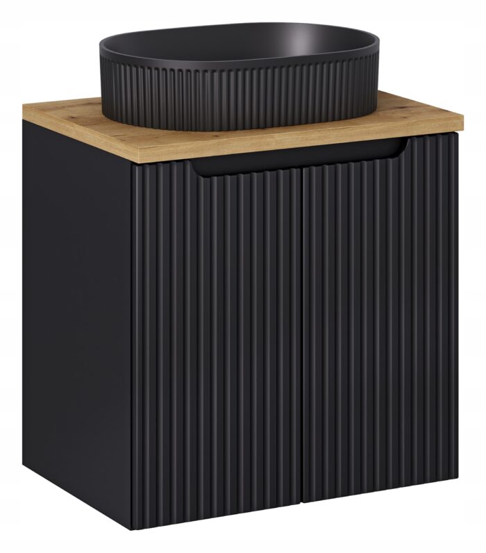 NOVA 80 cm czarna szafka łazienkowa z umywalką blat dąb drzwi ryflowane fronty