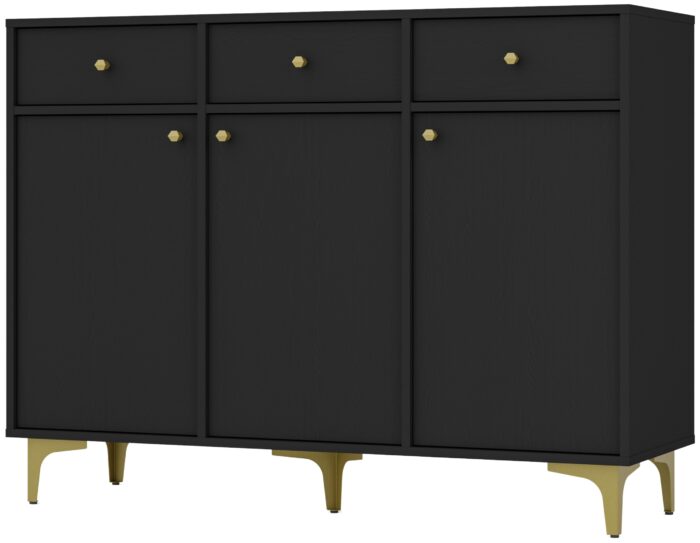 Komoda AVILA 125 cm czarna z drzwiami i szufladami złote metalowe nogi typ rozgwiazda