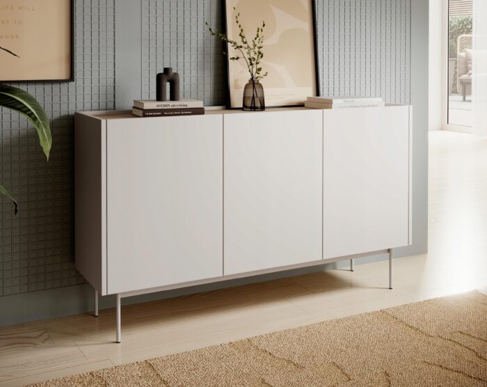 Komoda SIMPLE 144 cm kaszmir / dąb linea szeroka z drzwiczkami i półkami metalowe nóżki