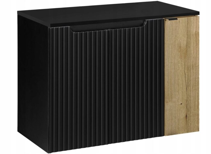 Szafka łazienkowa NOVA czarny 80 cm blat ryflowane fronty wstawka dąb 3 drzwi pojemna