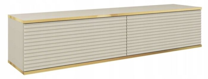 Szafka RTV ORO 135 cm beżowa, ryflowane fronty, złota ozdobna listwa