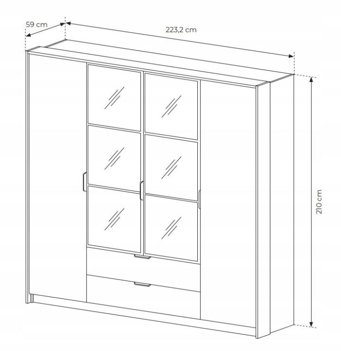 Szafa MILTON 223 cm kasztan / antracyt z lustrem półkami szufladami i wieszakiem