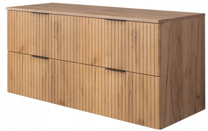 Szafka pod umywalkę FLOW 120 cm dąb craft blat wisząca pojemna szuflady ryflowane fronty