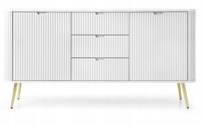 Komoda VELLA 168 cm biały złote nóżki zaokrąglone boki ryflowane front z drzwiami i szufladami