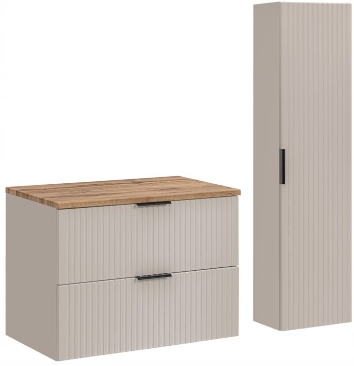 ADEL zestaw mebli łazienkowych kaszmir Szafka blat dąb wotan 80 cm + Słupek 140 cm ryflowane fronty