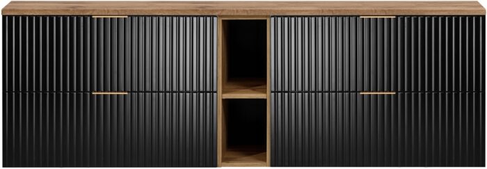 Szafka pod umywalkę FLOW 180 cm czarna dąb wisząca blat regał szuflady ryflowane fronty