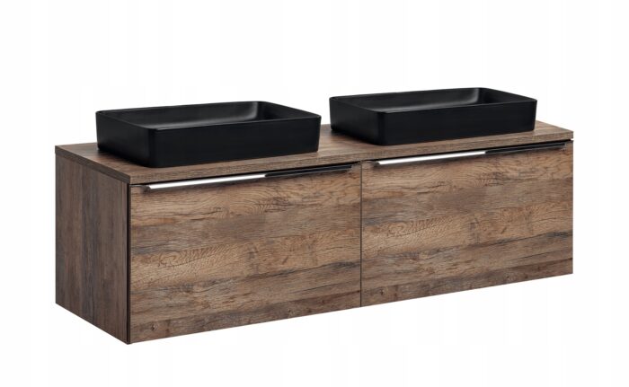 Zestaw mebli łazienkowych SANTA FE 160 cm dąb szafka wisząca blat 2 x umywalka szuflady