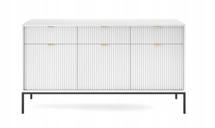 Komoda BELLAZA 154 cm biała z szufladami, drzwiami i metalowymi z czarnymi nogami