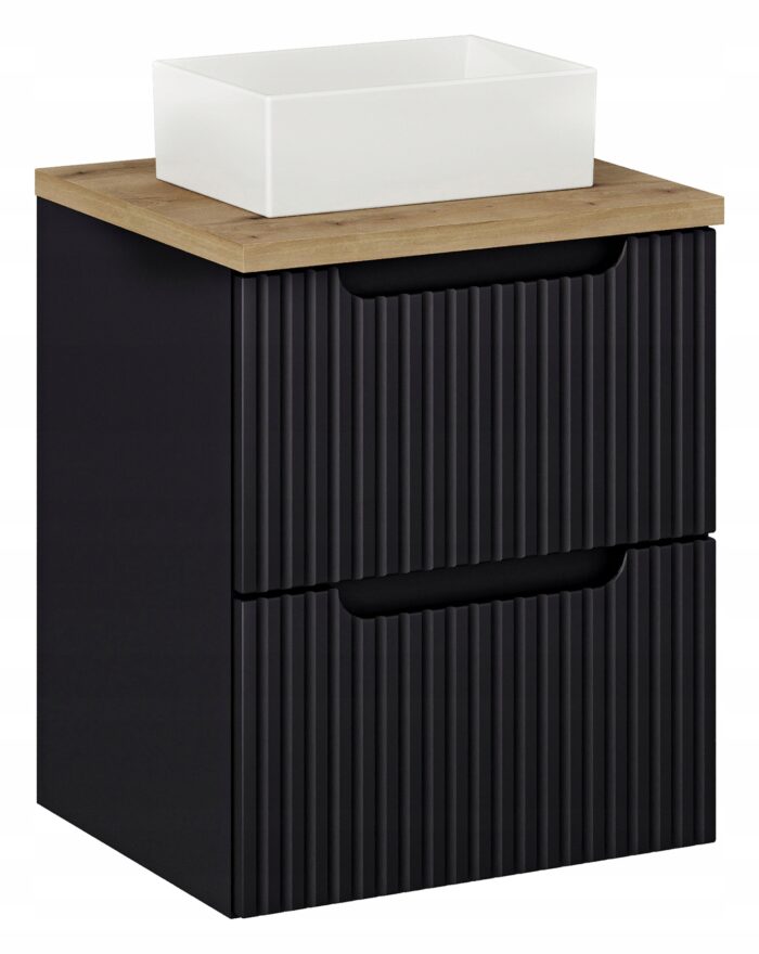 NOVA 50 cm czarna szafka łazienkowa z umywalką blat dąb szuflady ryflowane fronty