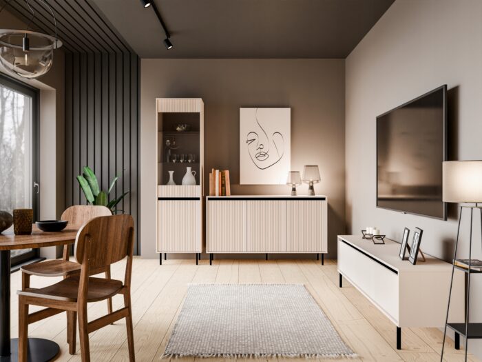 Komoda OSAKA 149 cm beż piaskowy z drzwiami metalowe nogi