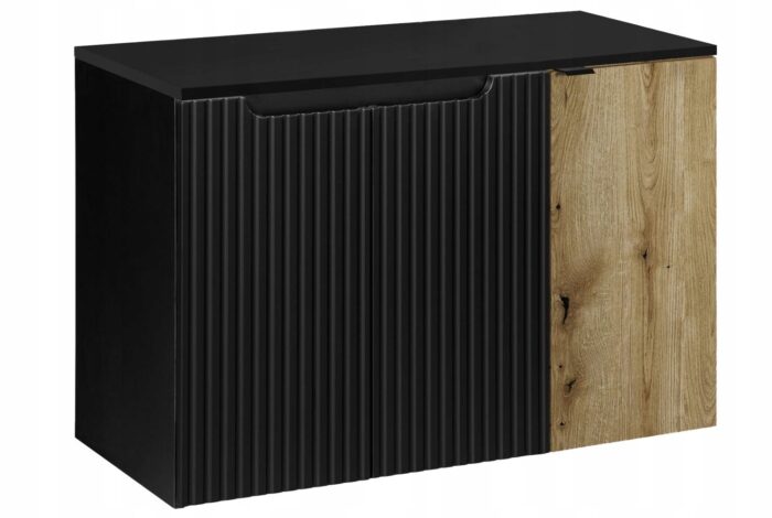 Szafka łazienkowa NOVA czarny 90 cm blat ryflowane fronty wstawka dąb 3 drzwi pojemna