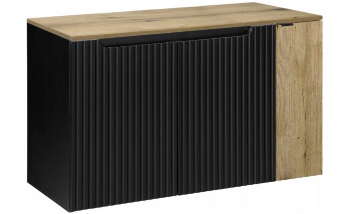 Szafka łazienkowa NOVA czarny 100 cm blat dąb ryflowane fronty wstawka dąb 3 drzwi pojemna