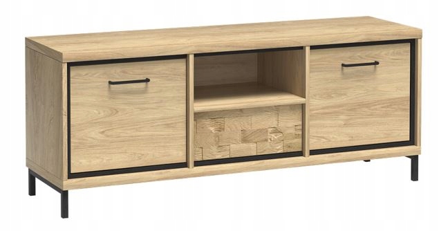 Szafka RTV MILAN 139 cm dąb ozdobny drewniany panel i metalowe nóżki