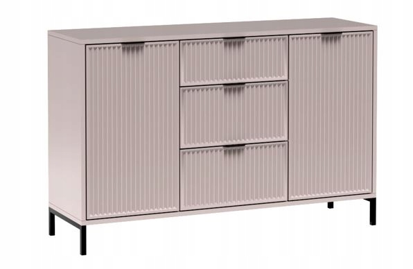Komoda LINK 135 cm kaszmir ryflowane fronty metalowe nogi szuflady drzwi