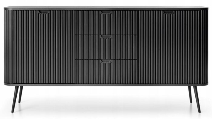 Komoda VELLA 168 cm czarna czarne nóżkami zaokrąglone boki ryflowane front z drzwiami i szufladami