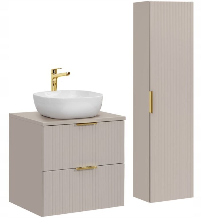 ADEL zestaw mebli łazienkowych kaszmir Szafka blat umywalka 60 cm + Słupek 140 cm ryflowane fronty