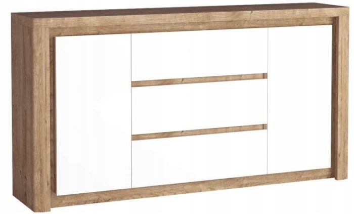 Komoda GLOSS 184 cm dąb biały połysk pojemna szuflady drzwi LED