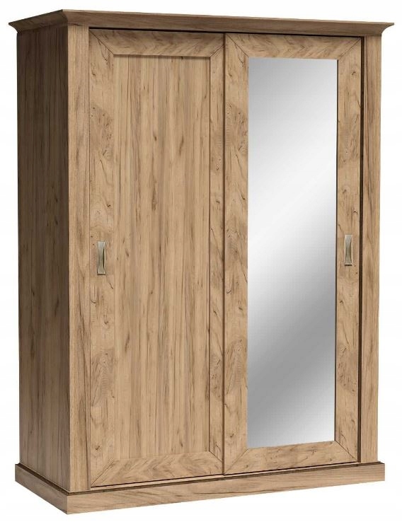 Szafa CANITA 146 cm kraft złoty przesuwna z lustrem półki szuflady wieszak drążek