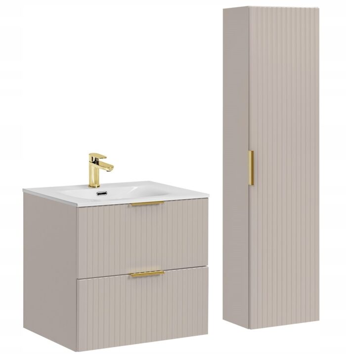 ADEL zestaw mebli łazienkowych kaszmir Szafka z umywalką 60 cm + Słupek 140 cm ryflowane fronty