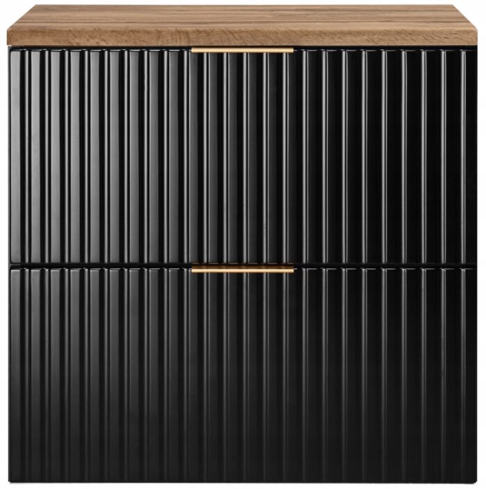 Szafka pod umywalkę FLOW 60 cm czarna blat wotan wisząca szuflady ryflowane fronty