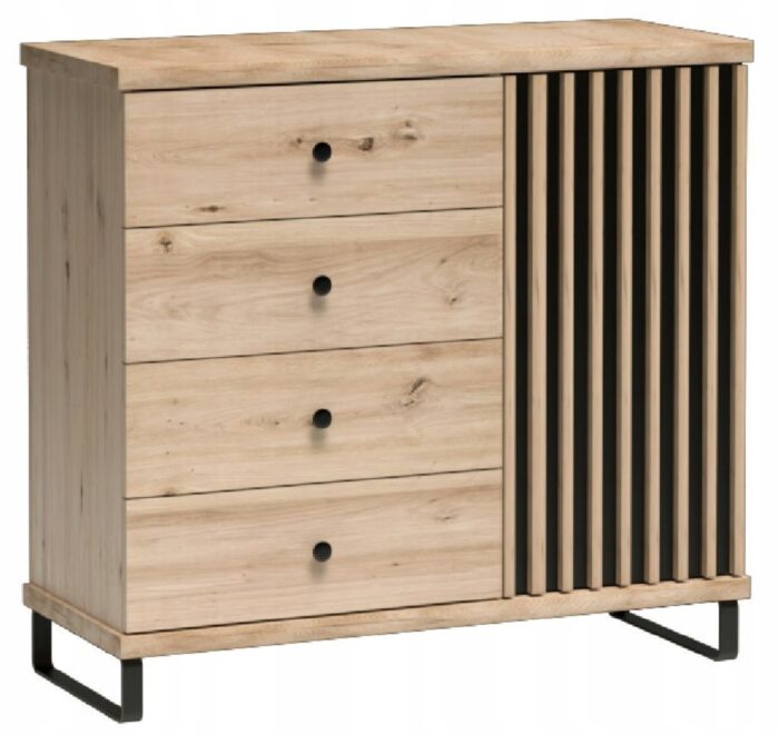 Komoda CAMPA 101 cm dąb czarny lamele szuflady drzwi półki metalowe nogi