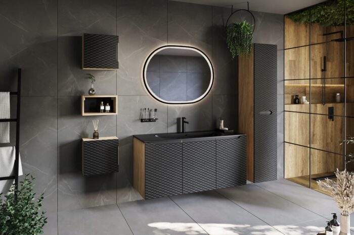 Szafka łazienkowa OCEAN 35 cm dąb czarny front 3D wisząca półka kwadrat drzwi