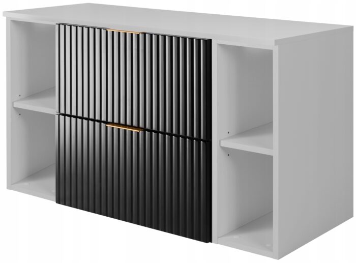 Zestaw łazienkowy FLOW 100 cm biała szafka z blatem szuflady regały czarne ryflowane fronty