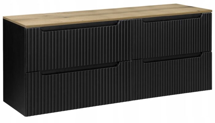 Szafka łazienkowa NOVA czarny 160 cm blat dąb ryflowane fronty 4 szuflady szeroka