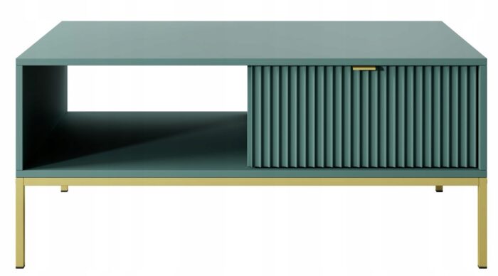 Ława BELLAZA 104 cm zielona z szufladami, złote metalowe nogi i uchwyty